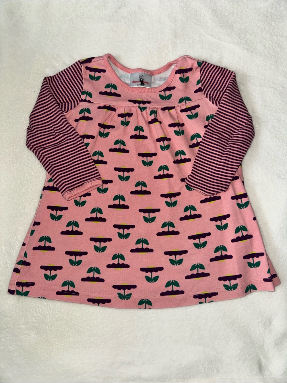 Hanna Andersson Pink Floral Print Long-Sleeve Dress Top with Purple Stripes